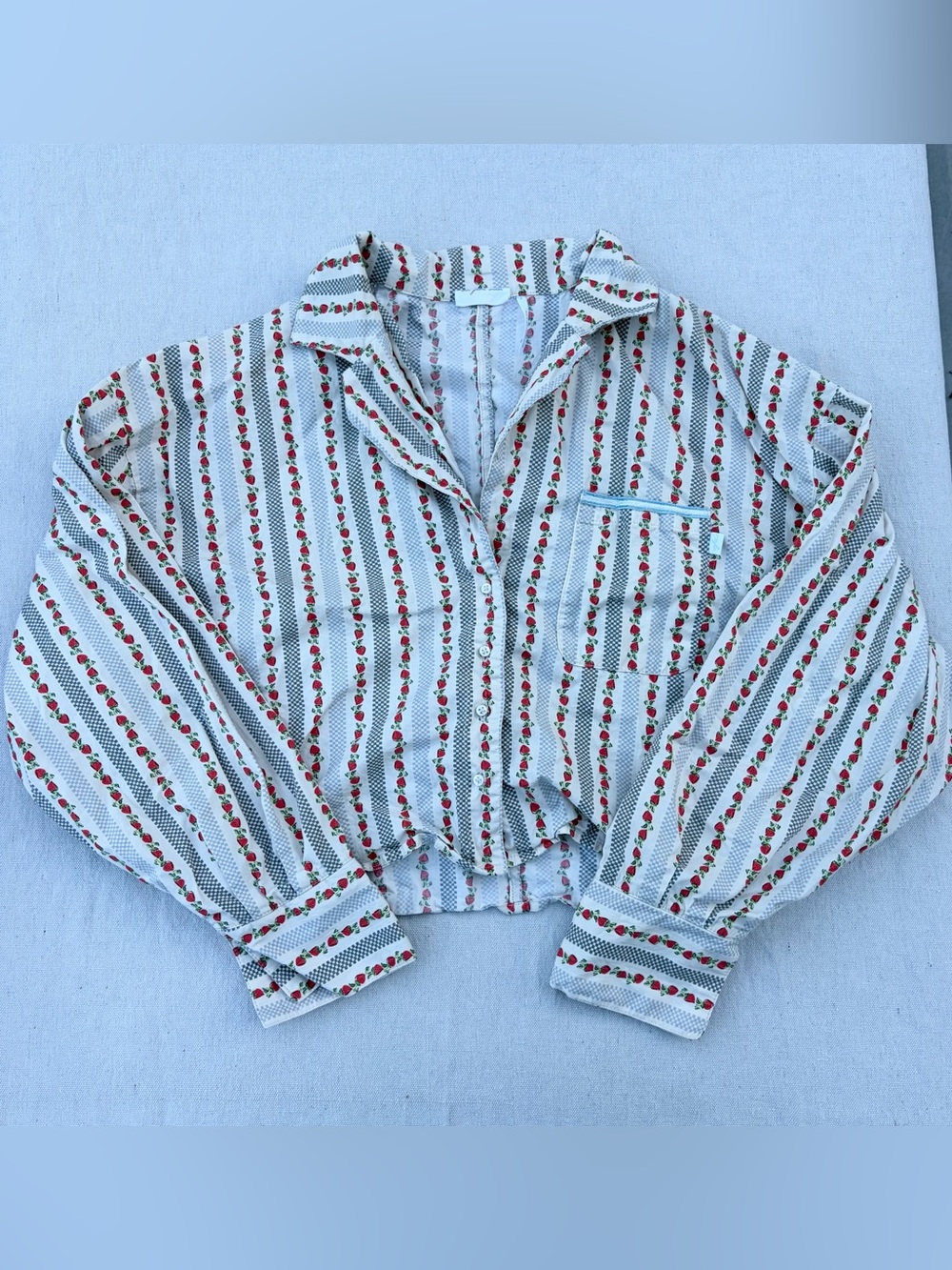 UO Out from Under Strawberry Striped Cropped Button Down Shirt, PJ Loungewear